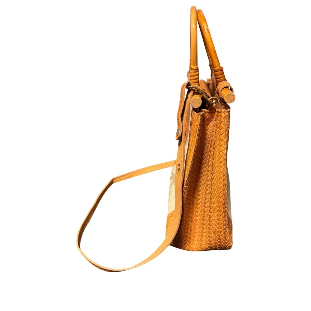 Brahmin Vintage Palm Tree Bamboo Handle Woven Leather Satchel Shoulder Bag Brown